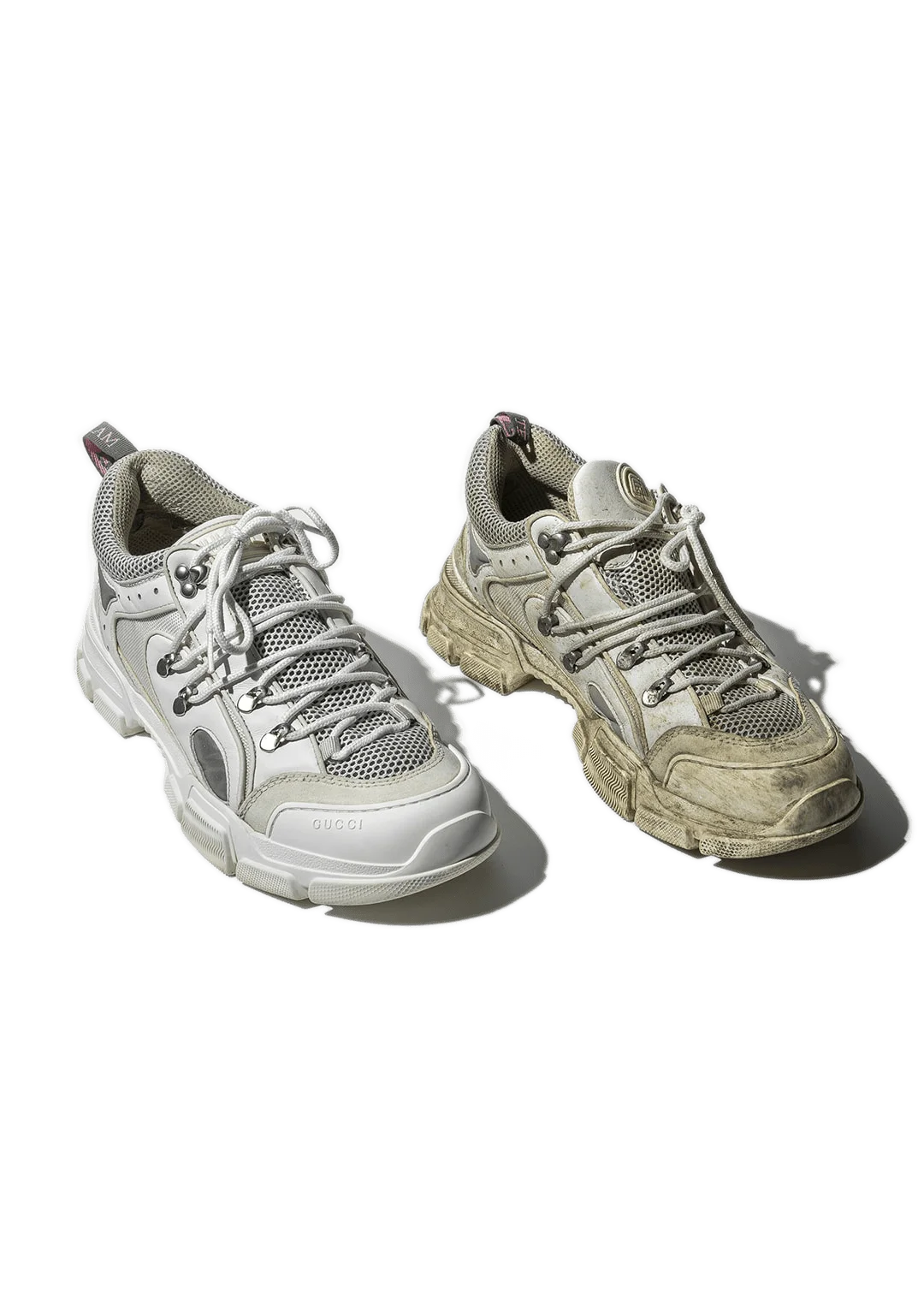 Before and after sneakers on white background
