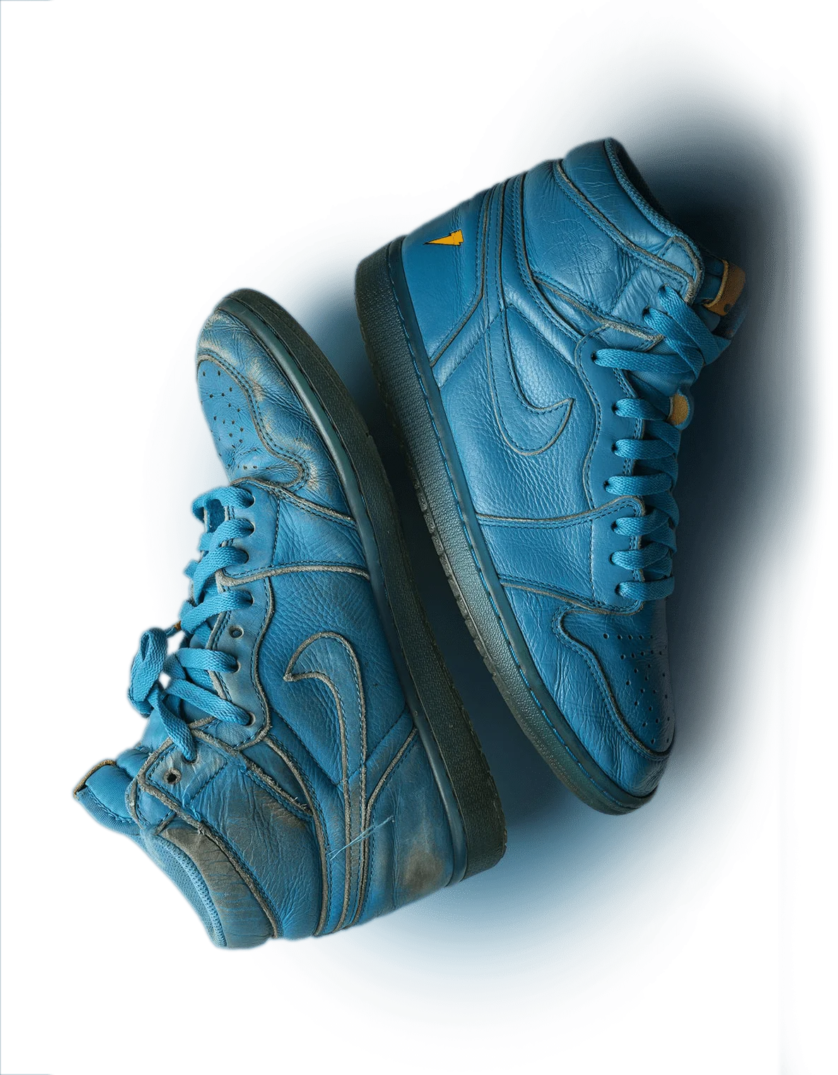 Before and after sneakers on blue background