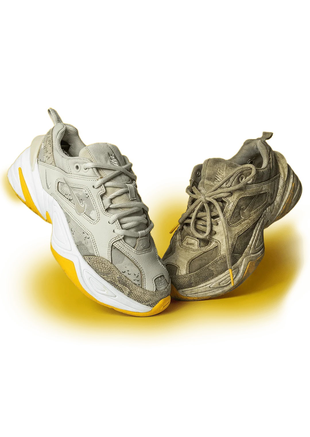 Before and after sneakers on yellow background