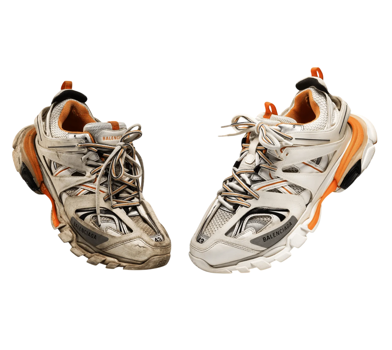 Before and after sneakers on peach background