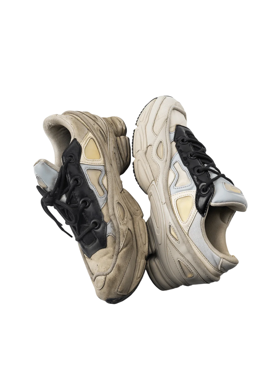 Before and after sneakers on light peach background